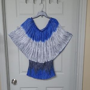 Papillon Canada Semi-Sheer Blouse Blue/Gray/White Bell Sleeves Medium GUC